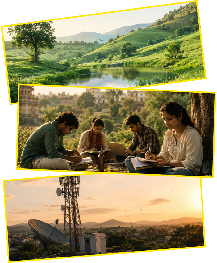 Nature, students studying outdoors, and a communication tower