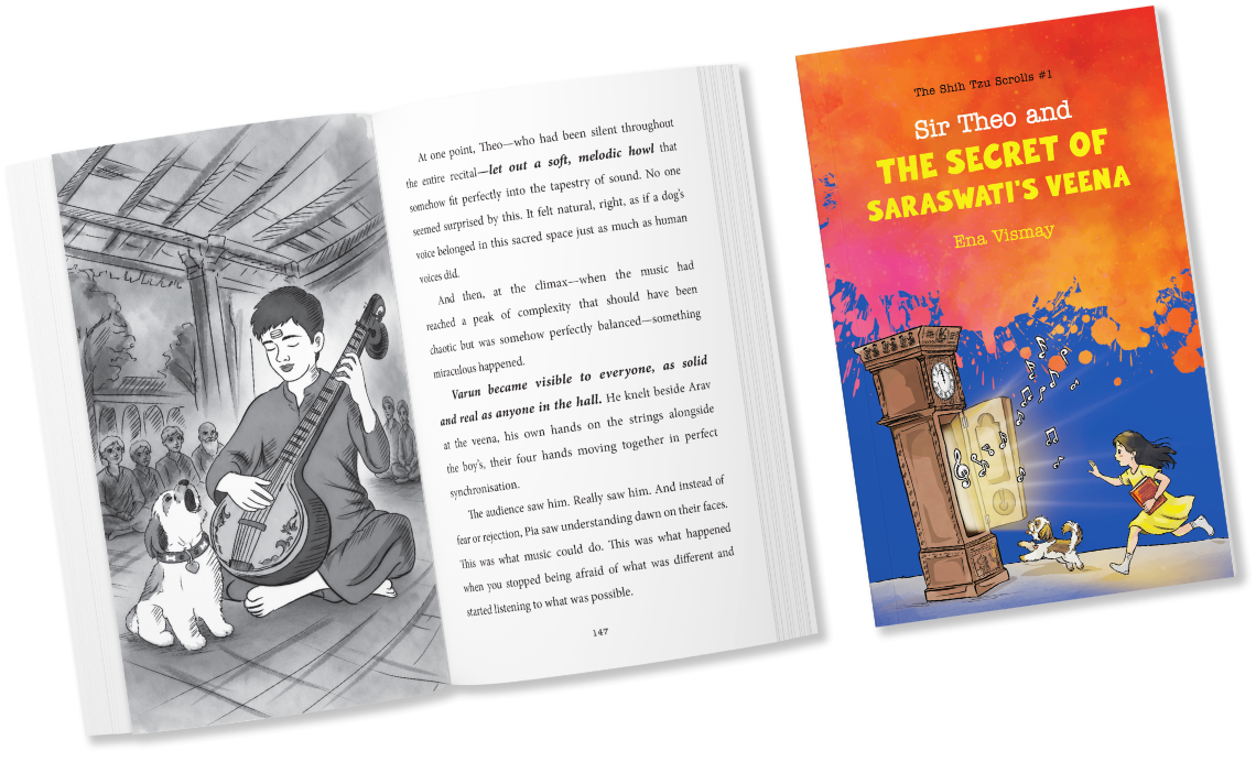 The Secret of Saraswati's Veena book and open pages