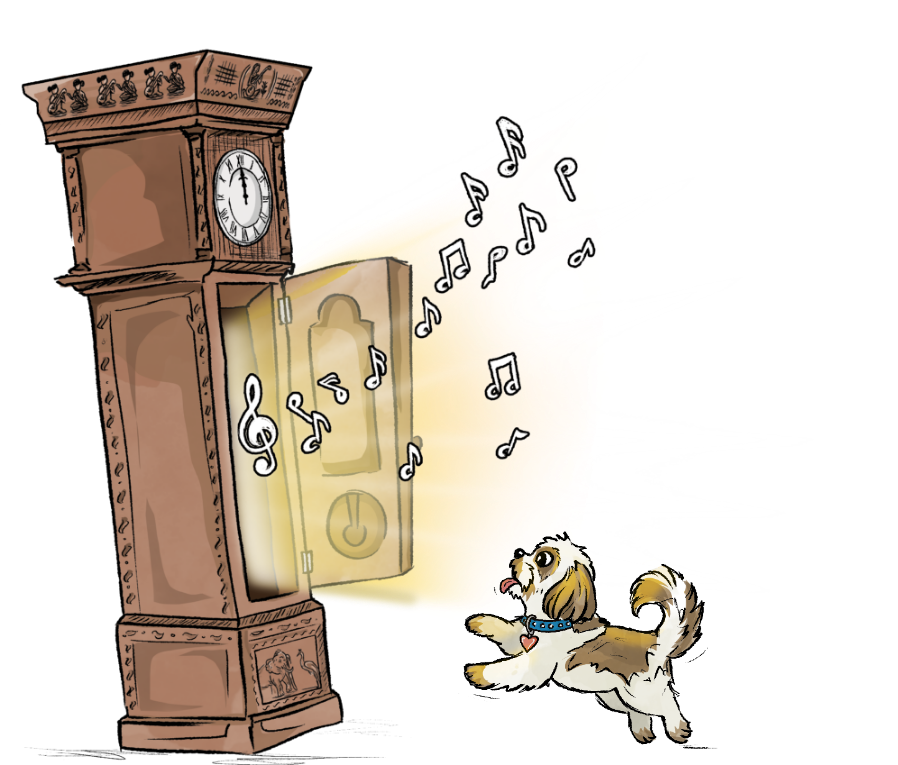 Theo beside a magical grandfather clock