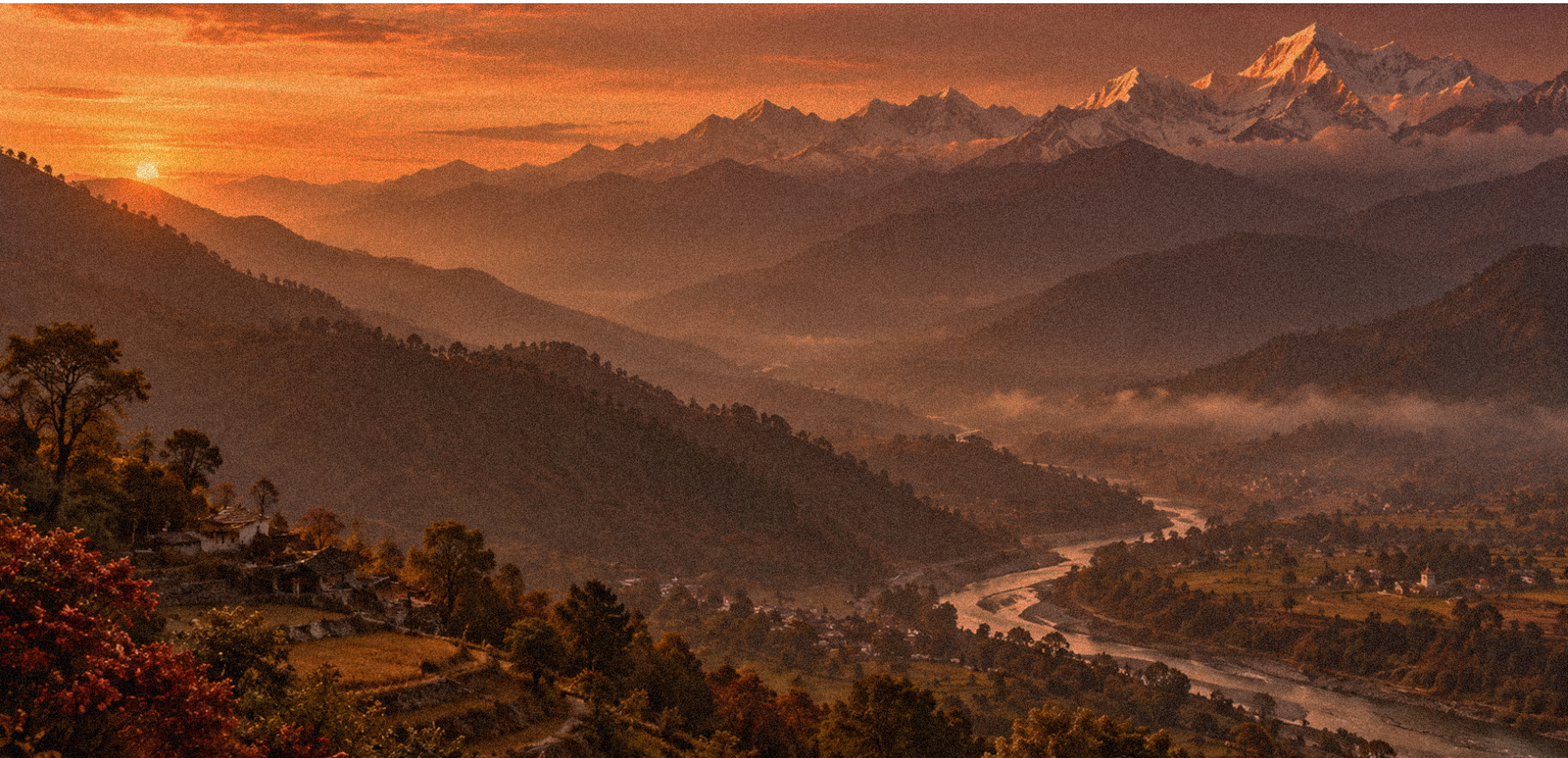 Himalayan valley at sunset