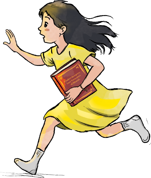 Pia running with a book