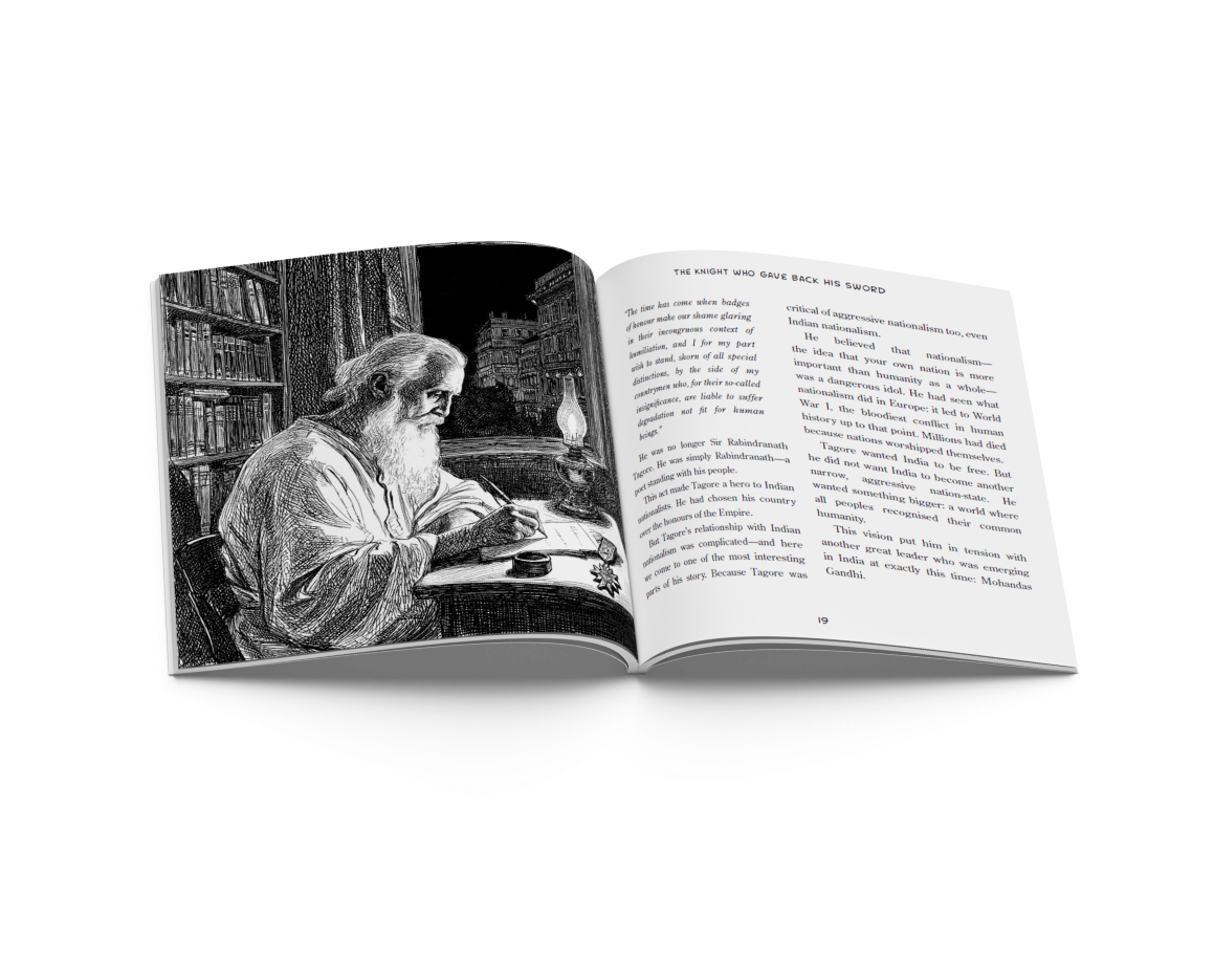 An open spread from Read Tagore with a portrait and text